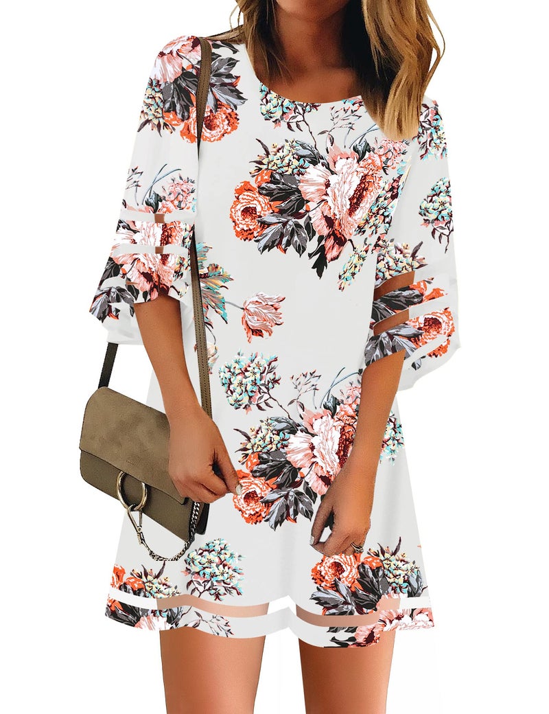 LookbookStore Women Casual Summer Crewneck Mesh Patchwork 3/4 Bell Sleeve Loose A-line Tunic Dress Floral Pirnt Brilliant White Size Medium - Image 1